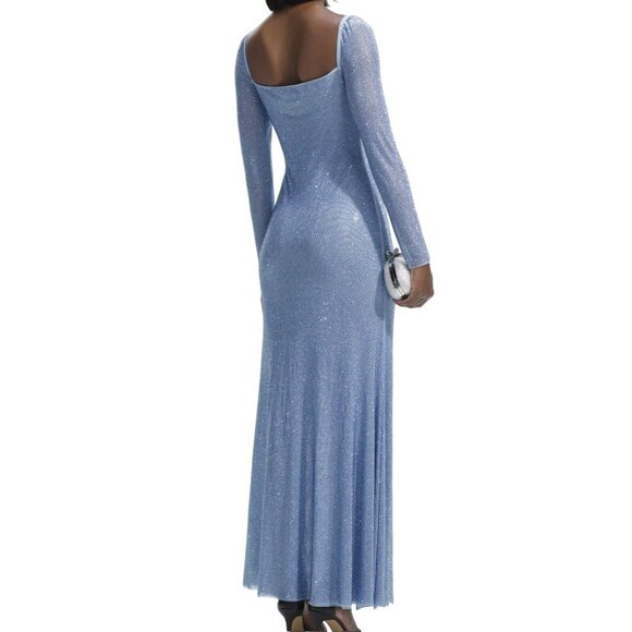 Self Portrait $870 Blue Iridescent Rhinestone Maxi Dress Formal Gown Size 4 NWT - Picture 4 of 10